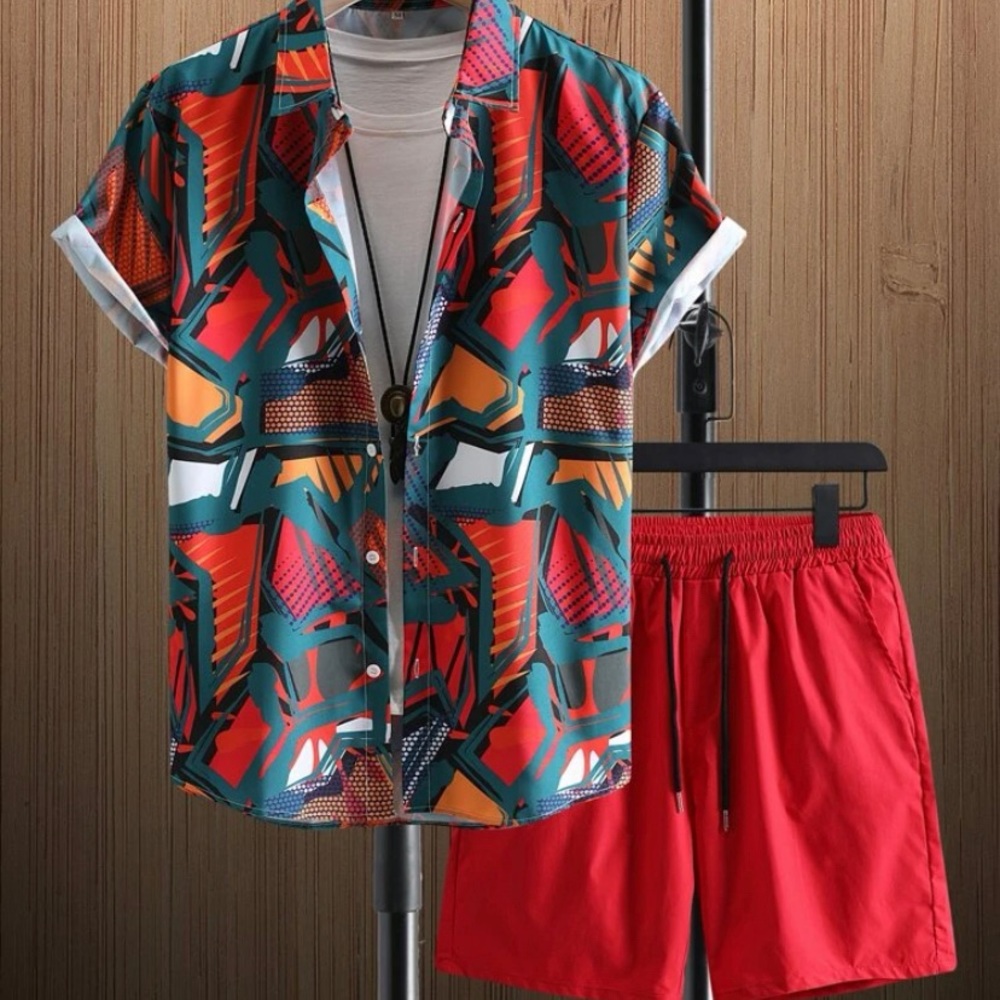 Men Geo Print Shirt & Drawstring Waist Shorts Without Tee